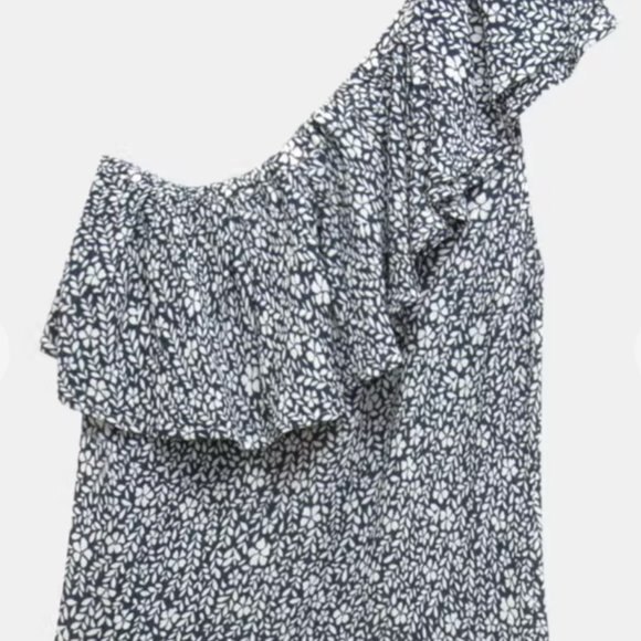AS by DF One Shoulder Ruffle Floral Top XS – Black White Print Designer Blouse - Picture 2 of 9
